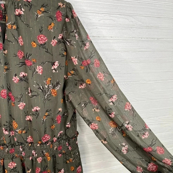 DREW Anthro Green Floral Print Dress Gold Stripes Long Sleeves Smocked Size L - Picture 10 of 16